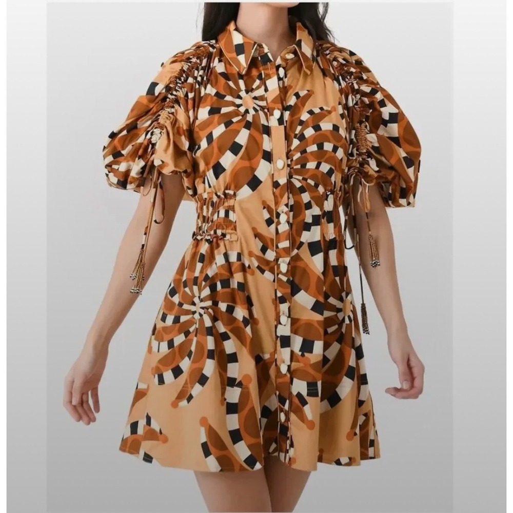 Farm Rio Brown Geometric Swirl Print Mini Dress Large Waist Beaded Tassel